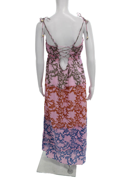 Hannah Womens Maxi Dress Pink Floral Square Neck Lace Up Boho Size 1