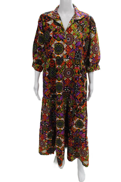 Oula Women Maxi Floral Cotton Collared 3/4 Sleeve Dress Size S
