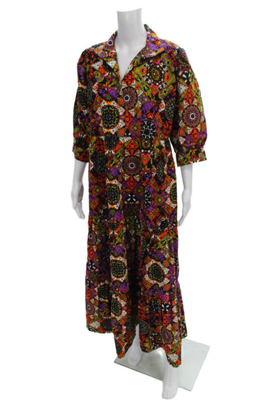 Oula Women Maxi Floral Cotton Collared 3/4 Sleeve Dress Size S