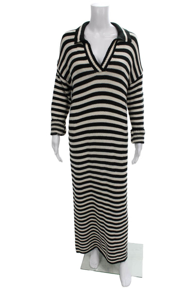 525 Women Maxi Dress Black Striped Collared Long Sleeve Acrylic Pullover Size S