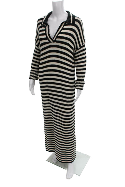 525 Women Maxi Dress Black Striped Collared Long Sleeve Acrylic Pullover Size S
