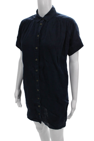 J Crew Women Blue Linen Shirt Dress Short Sleeve Collared Button Size PXS