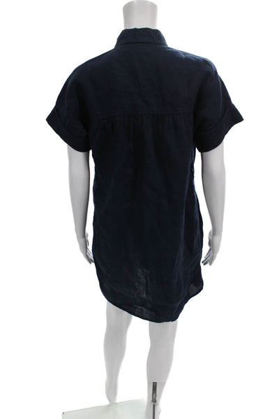 J Crew Women Blue Linen Shirt Dress Short Sleeve Collared Button Size PXS