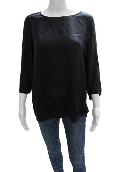 Vince Women Tunic Blouse Silk 3/4 Sleeve Boat Neck Black Petite Size S