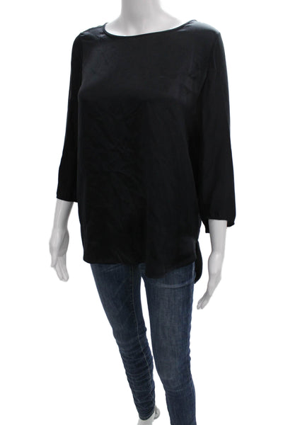 Vince Women Tunic Blouse Silk 3/4 Sleeve Boat Neck Black Petite Size S