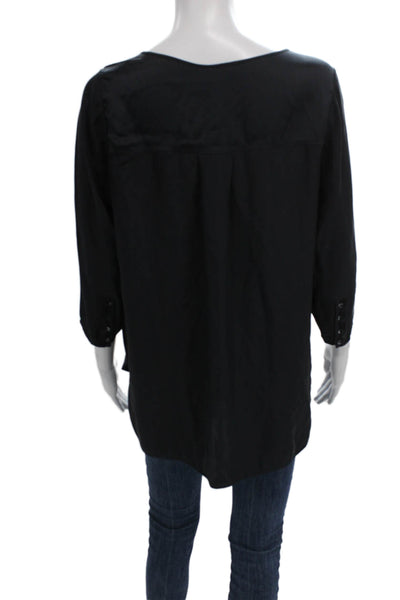 Vince Women Tunic Blouse Silk 3/4 Sleeve Boat Neck Black Petite Size S