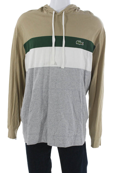 Lacoste Mens Beige Striped Cotton Pullover Hoodie Long Sleeve Size 3XL