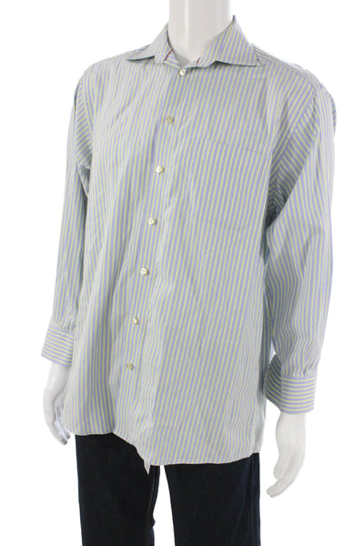 Eton Mens Blue Striped Cotton Collared Button Up Long Sleeve Shirt Size 42