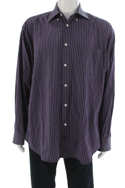 Bugatchi Mens Button Up Striped Purple Cotton Long Sleeve Shirt Size XL