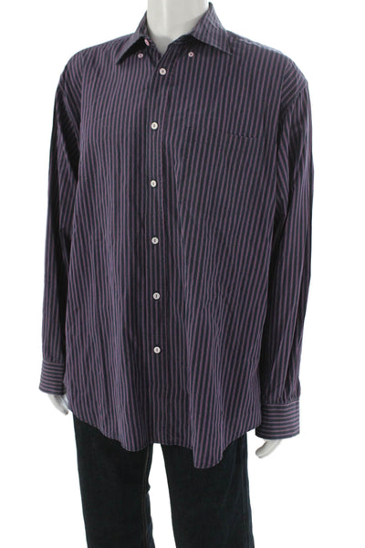 Bugatchi Mens Button Up Striped Purple Cotton Long Sleeve Shirt Size XL