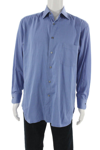 Ermenegildo Zegna Mens Button Up Dress Shirt Blue Cotton Long Sleeve Size L