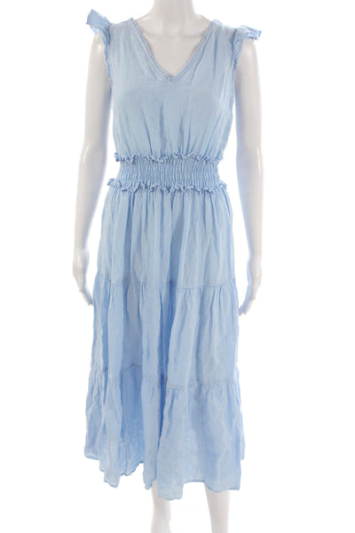 120% Lino Women Fit & Flare Linen V-Neck Sleeveless Blue Long Dress Size S