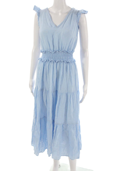 120% Lino Women Fit & Flare Linen V-Neck Sleeveless Blue Long Dress Size S