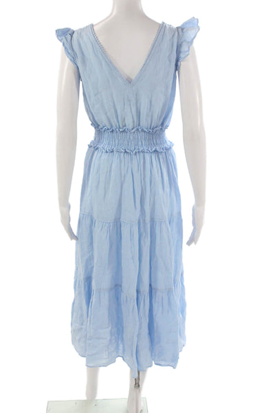 120% Lino Women Fit & Flare Linen V-Neck Sleeveless Blue Long Dress Size S