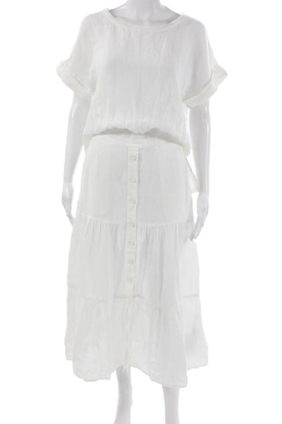 120% Lino Womens Linen Midi Dress White Boat Neck Button Short Sleeve Size 38