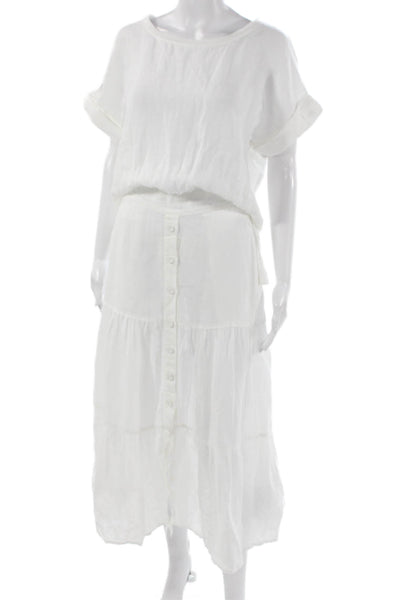 120% Lino Womens Linen Midi Dress White Boat Neck Button Short Sleeve Size 38