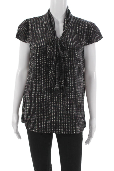 Theory Womens Black Silk Collared Geometric Blouse Short Sleeve Tie Neck Size L