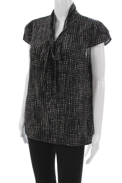 Theory Womens Black Silk Collared Geometric Blouse Short Sleeve Tie Neck Size L