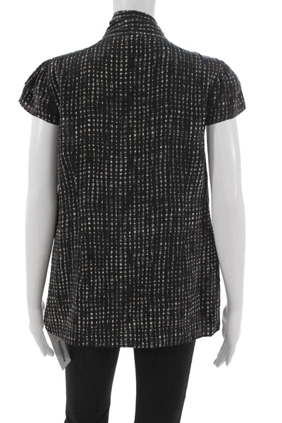 Theory Womens Black Silk Collared Geometric Blouse Short Sleeve Tie Neck Size L