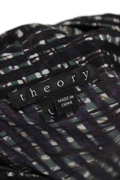 Theory Womens Black Silk Collared Geometric Blouse Short Sleeve Tie Neck Size L