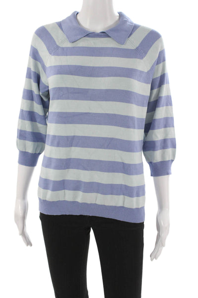 Brooks Brothers Womens Striped Collared Silk Pullover 3/4 Sleeve Blue Size L