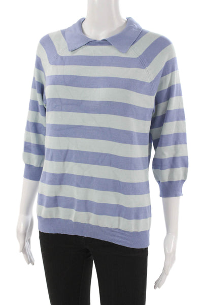 Brooks Brothers Womens Striped Collared Silk Pullover 3/4 Sleeve Blue Size L