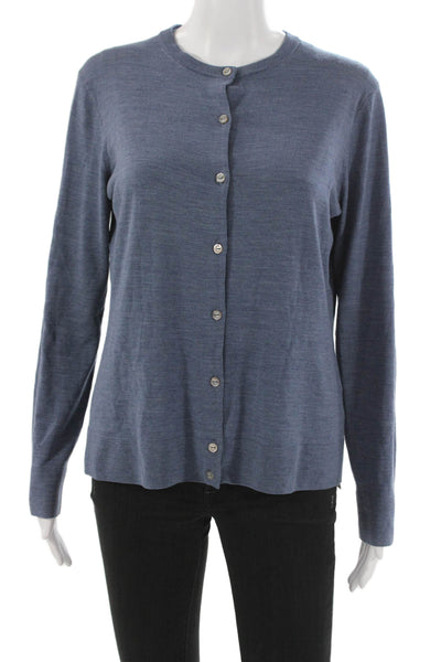 Brooks Brothers Womens Basic Saxon Wool Button Round Neck Blue Sweater Size L