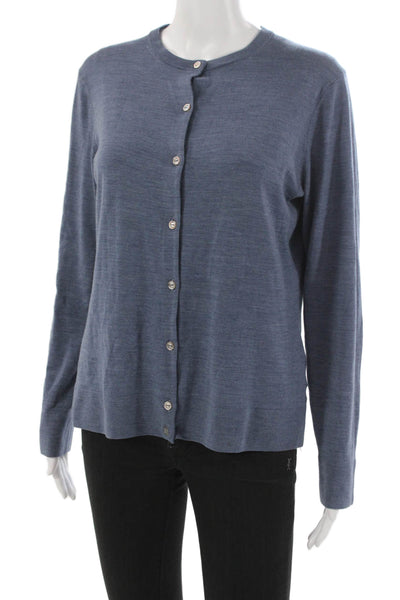 Brooks Brothers Womens Basic Saxon Wool Button Round Neck Blue Sweater Size L