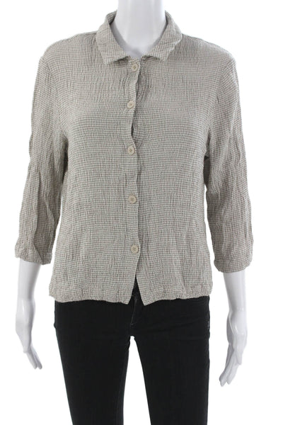 Eileen Fisher Women Beige Check Collared Button-Up 3/4 Sleeve Rayon Top Size M