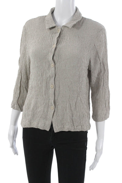 Eileen Fisher Women Beige Check Collared Button-Up 3/4 Sleeve Rayon Top Size M