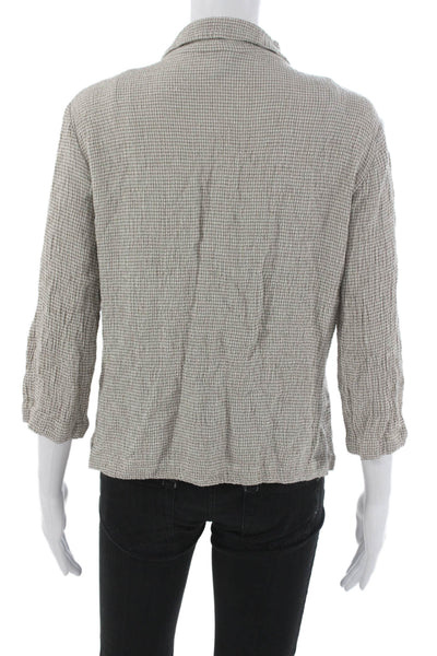 Eileen Fisher Women Beige Check Collared Button-Up 3/4 Sleeve Rayon Top Size M