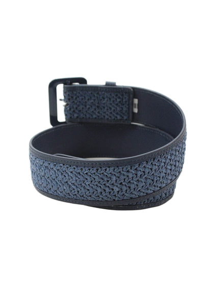 J. Mclaughlin Womens Leather Straw Trim Wide Buckle Belt Blue Size XS/S