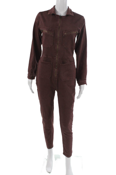 Free People Women Jumpsuit Brown Collared Long Sleeve Zip Cotton Size S