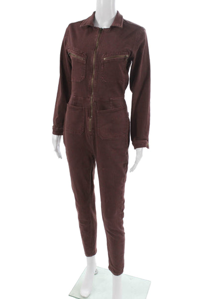 Free People Women Jumpsuit Brown Collared Long Sleeve Zip Cotton Size S