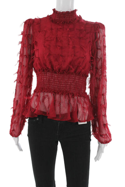 Zara Women Red Polyester Mock Neck Long Sleeve Button Blouse Size S