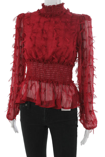 Zara Women Red Polyester Mock Neck Long Sleeve Button Blouse Size S