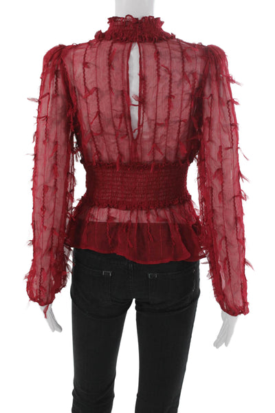 Zara Women Red Polyester Mock Neck Long Sleeve Button Blouse Size S