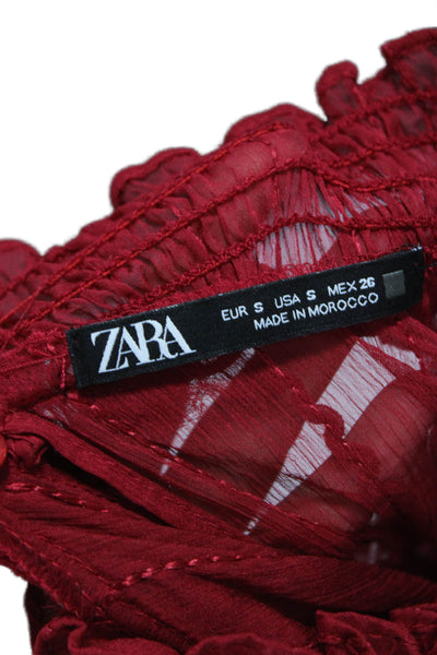 Zara Women Red Polyester Mock Neck Long Sleeve Button Blouse Size S