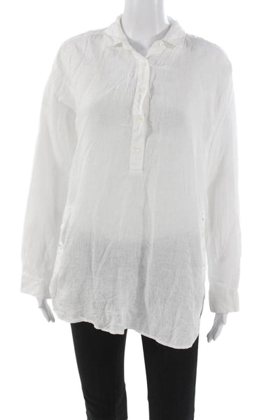 J. Mclaughlin Women White Linen Collared Tunic Button Up Long Sleeve Size M