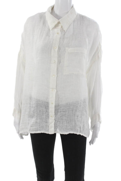 Dolma Women Button Up Linen Top White Collared Long Sleeve Size M