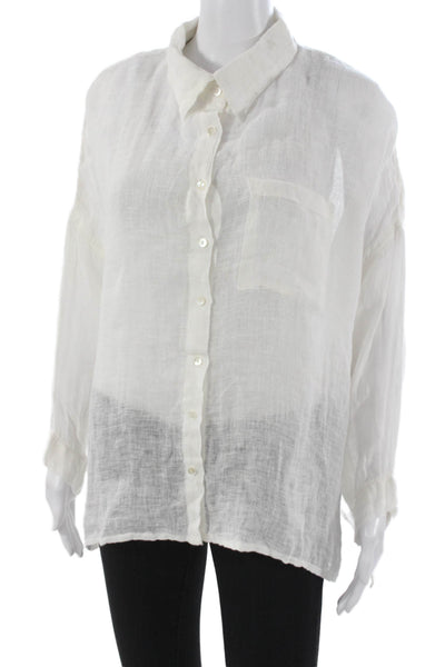 Dolma Women Button Up Linen Top White Collared Long Sleeve Size M