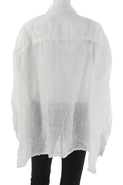Dolma Women Button Up Linen Top White Collared Long Sleeve Size M