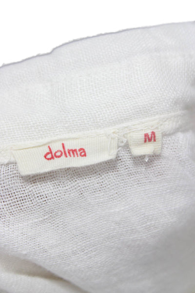 Dolma Women Button Up Linen Top White Collared Long Sleeve Size M