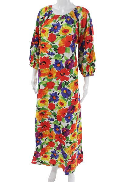 Frances Valentine Womens Maxi Dress Multicolor Floral Cotton 3/4 Sleeve Size S