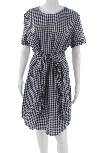 J. Mclaughlin Women A-Line Gingham Blue Linen Cotton Short Sleeve Dress Size 12