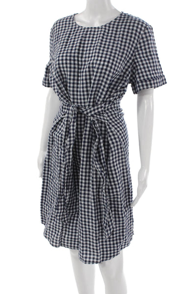 J. Mclaughlin Women A-Line Gingham Blue Linen Cotton Short Sleeve Dress Size 12