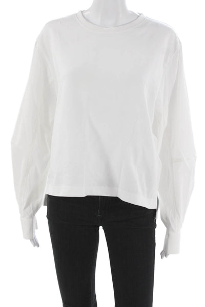 Athleta Women White Cotton Pullover T-Shirt Crew Neck Long Sleeve Fall Size M