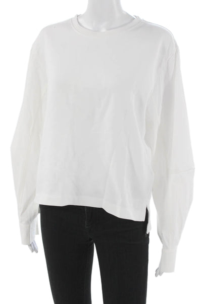 Athleta Women White Cotton Pullover T-Shirt Crew Neck Long Sleeve Fall Size M