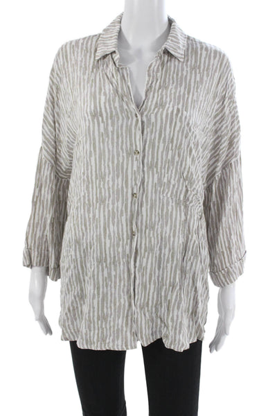 Dress Forum Women Tunic Blouse Beige Striped Collared Rayon 3/4 Sleeve Size M