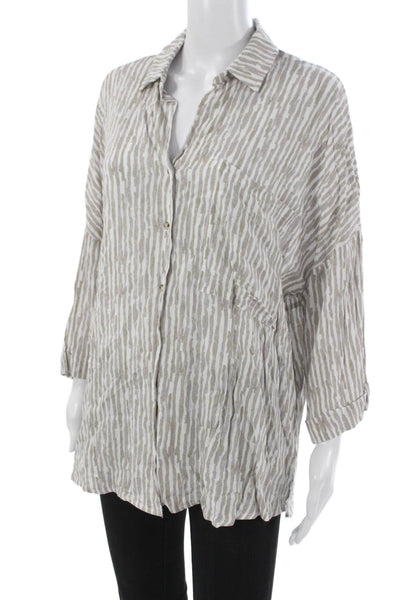 Dress Forum Women Tunic Blouse Beige Striped Collared Rayon 3/4 Sleeve Size M